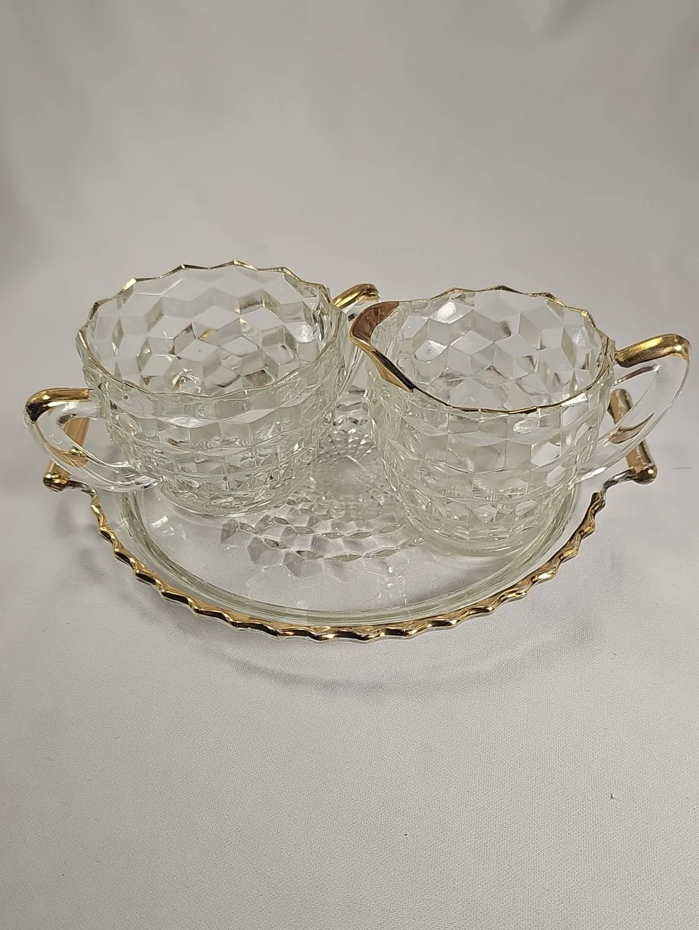 Vintage Jeannette Co. Cubist Pattern w/Gold Trim Creamer & Sugar Bowl Set w/Tray